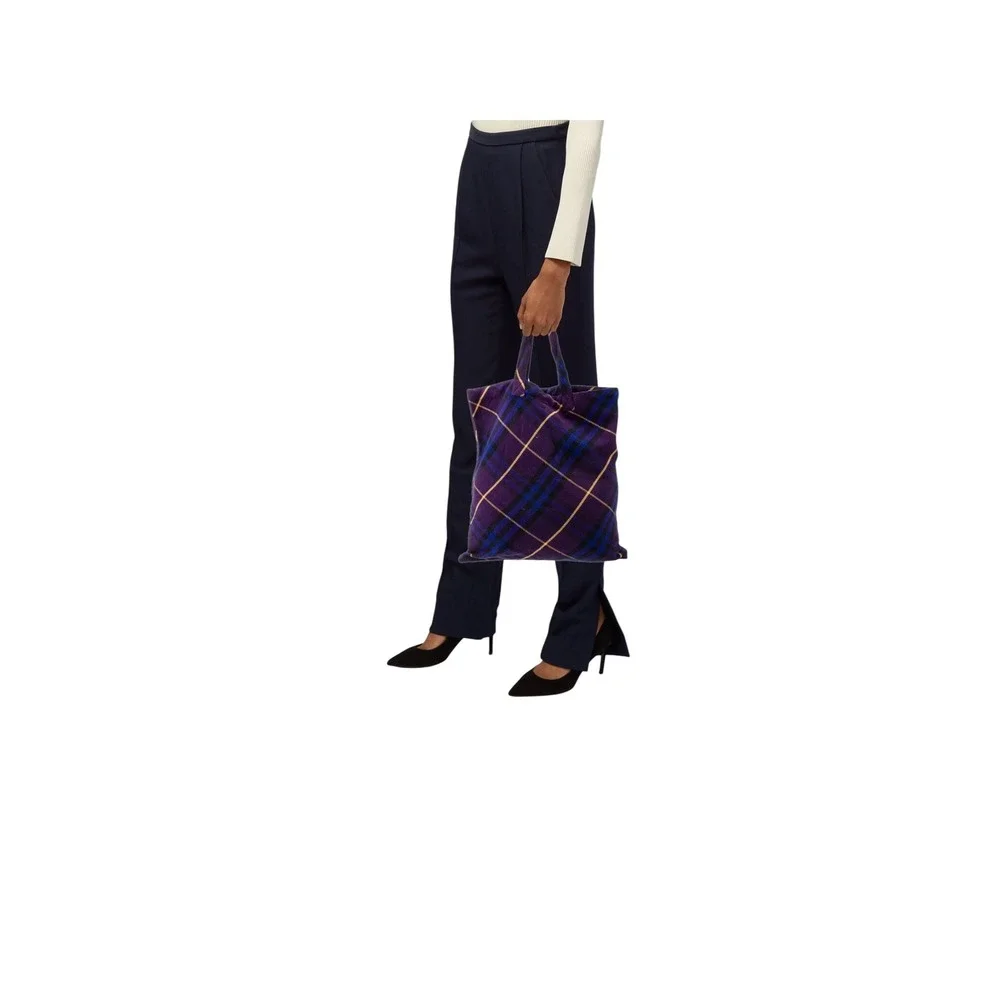 Burberry Nova Check Bucket Bag Women Large Purple Blue Good Plaid Tote - Picture 3 of 7